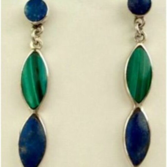 Lapis Lazuli and Malachite Drop Earrings Silver Tone Pierced - Picture 2 of 8